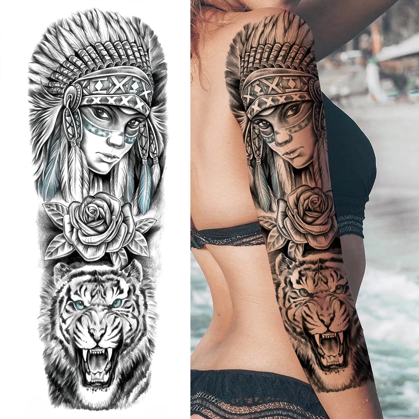 1 Sheets Wolf Lion Tiger Maori Temporary Tattoos For Men Women Adults Full Sleeve Arm Flower Rose Skull Tattoo Sticker Decor 