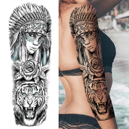 1 Sheets Wolf Lion Tiger Maori Temporary Tattoos For Men Women Adults Full Sleeve Arm Flower Rose Skull Tattoo Sticker Decor 