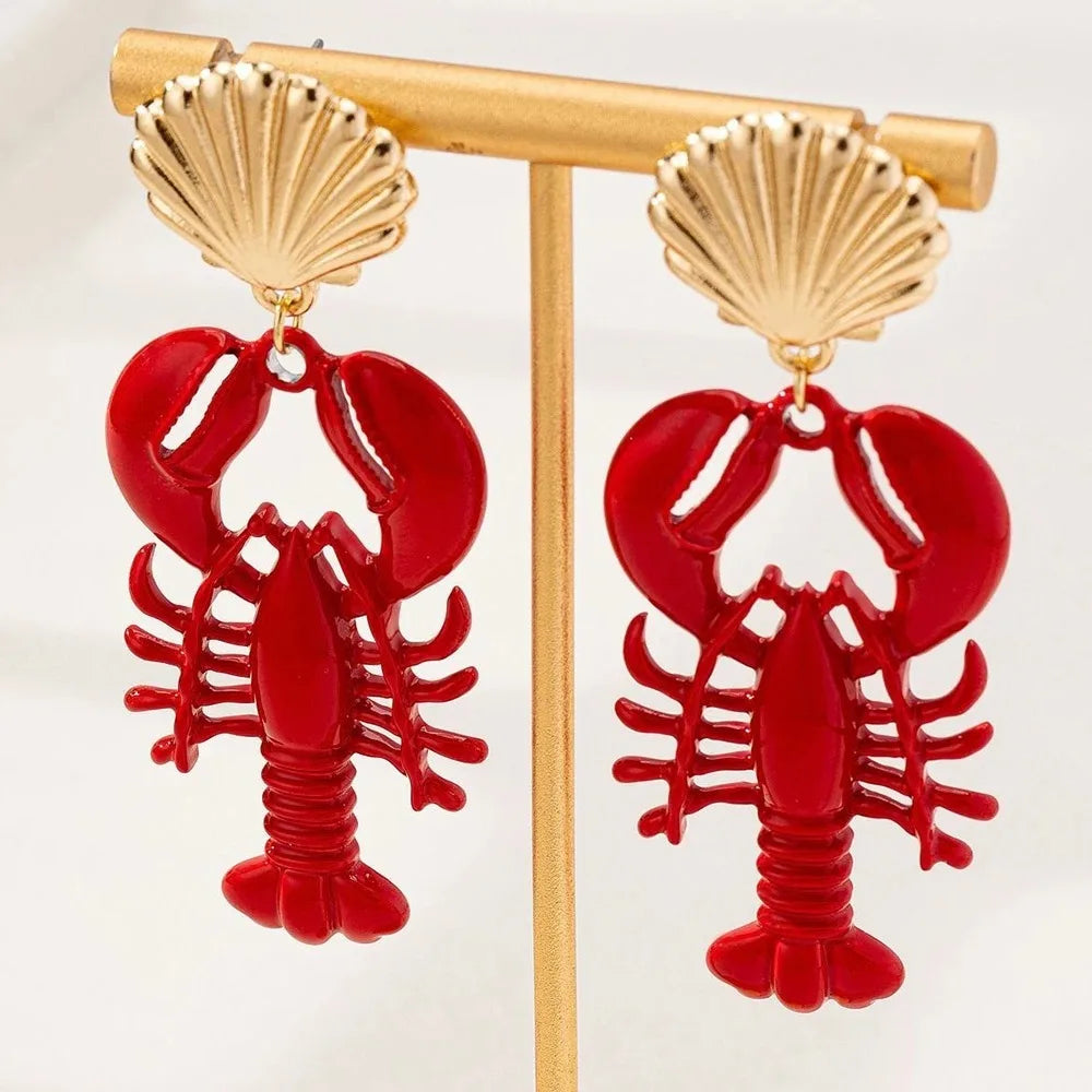 Boho Handmade Lobster Earrings Stone Beaded Enamel Necklace Lobster Metal Shells Earring for Women Summer Beach Popular Jewel