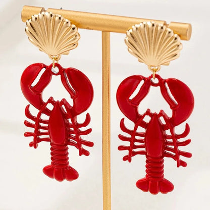 Boho Handmade Lobster Earrings Stone Beaded Enamel Necklace Lobster Metal Shells Earring for Women Summer Beach Popular Jewel