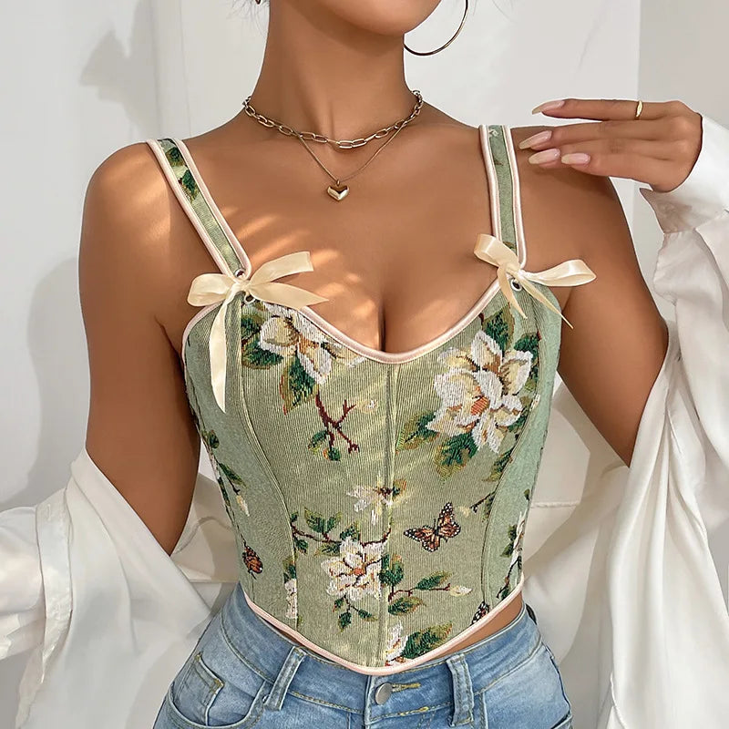 Sexy French Floral Print Bra Top Retro Double Strap Chest Support Body Shapewear Vintage Corset