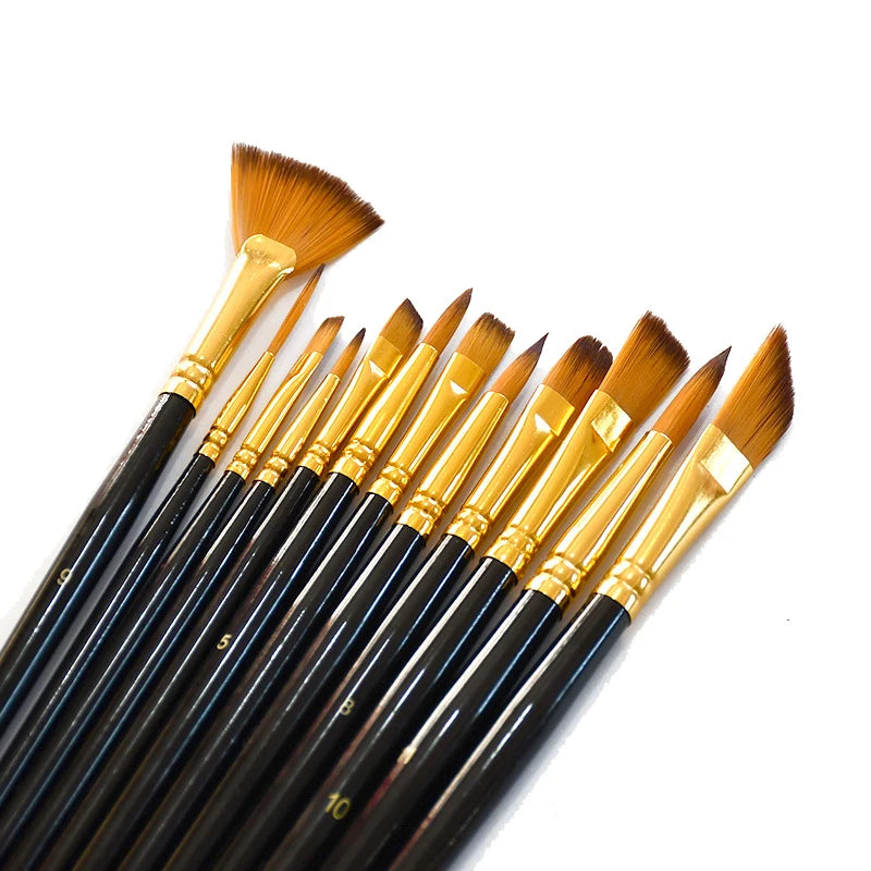 Multi-functional Watercolor Gouache 12 Pcs Short Wood Rod Oil Painting Brush Set Art Tool Beginner Nylon Hair Acrylic Materia