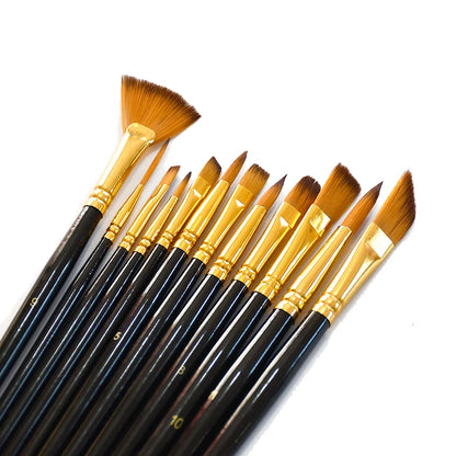 Multi-functional Watercolor Gouache 12 Pcs Short Wood Rod Oil Painting Brush Set Art Tool Beginner Nylon Hair Acrylic Materia
