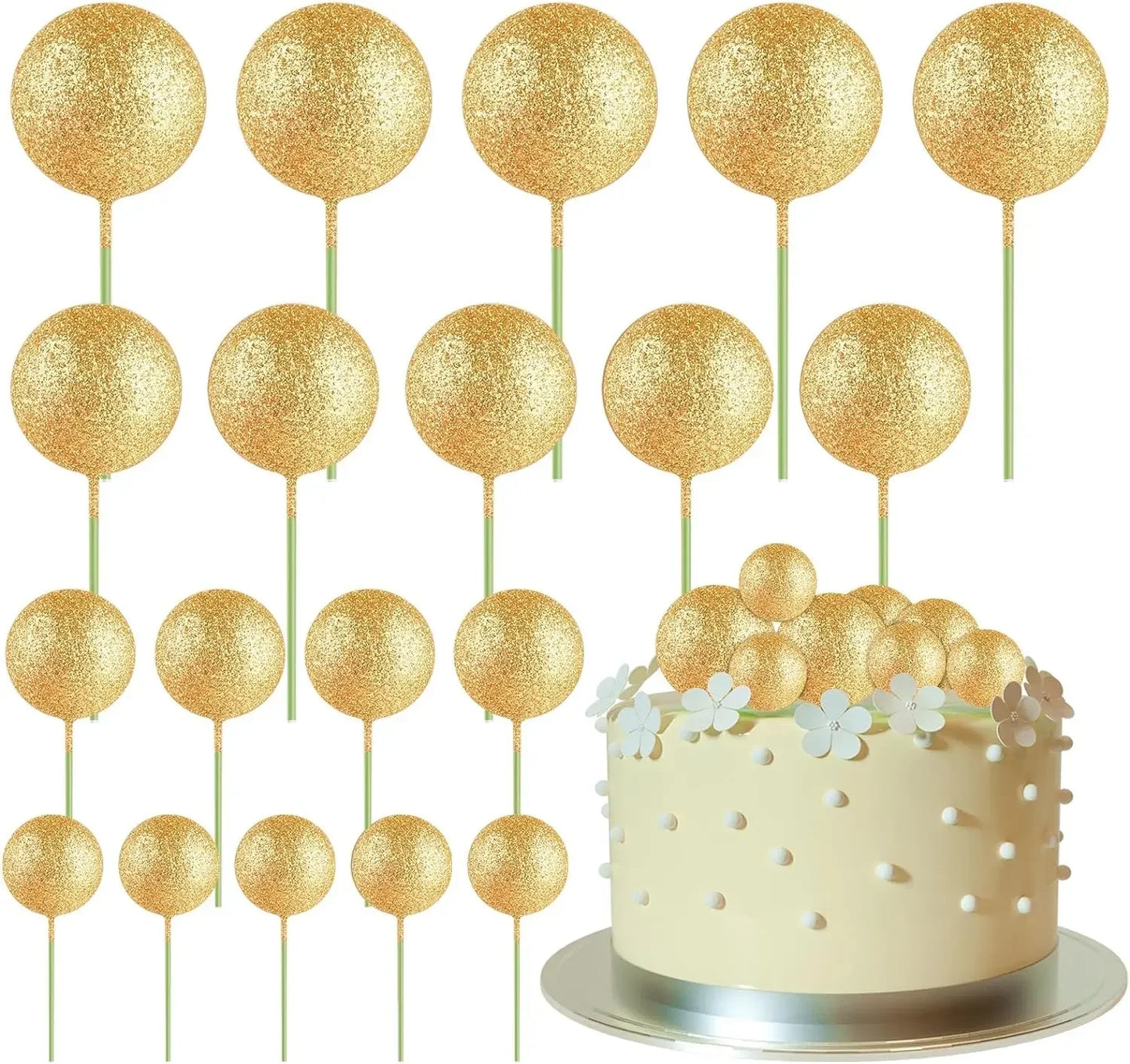 20-Piece Mini Balloon Cake Topper Decorations with Gold Ball Picks - Festive Cake Decor for Celebrations - Glitter Gold