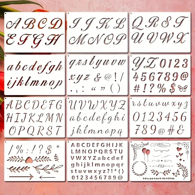 12PCS 8.3x5.5inch Cursive Alphabet Stencils with Numbers & Symbols Reusable Letter Templates for DIY Signs Blackboard Fabric 
