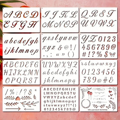 12PCS 8.3x5.5inch Cursive Alphabet Stencils with Numbers & Symbols Reusable Letter Templates for DIY Signs Blackboard Fabric 