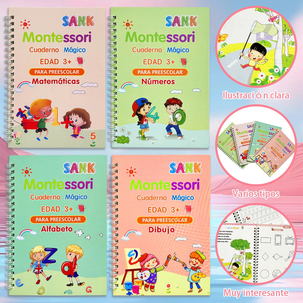 4 Booksset Notebook Spanish Sketchbook Montessori Calligraphy Magic Book Copybook Handwriting Early Learn - 4 Books