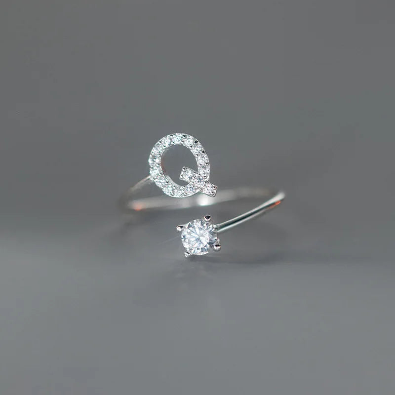 Zircon Initial A-Z Letter Ring For Women Metal Adjustable Opening Ring Name Alphabet Female Wedding Gift Anillos Mujer - Q