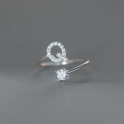 Zircon Initial A-Z Letter Ring For Women Metal Adjustable Opening Ring Name Alphabet Female Wedding Gift Anillos Mujer - Q