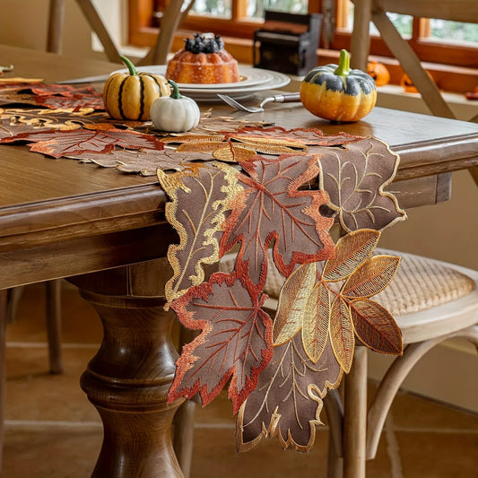 1pc Autumn Maple Leaf Embroidered Table Runner, Flocked Brown Maple Design, Rustic Farmhouse Thanksgiving Harves