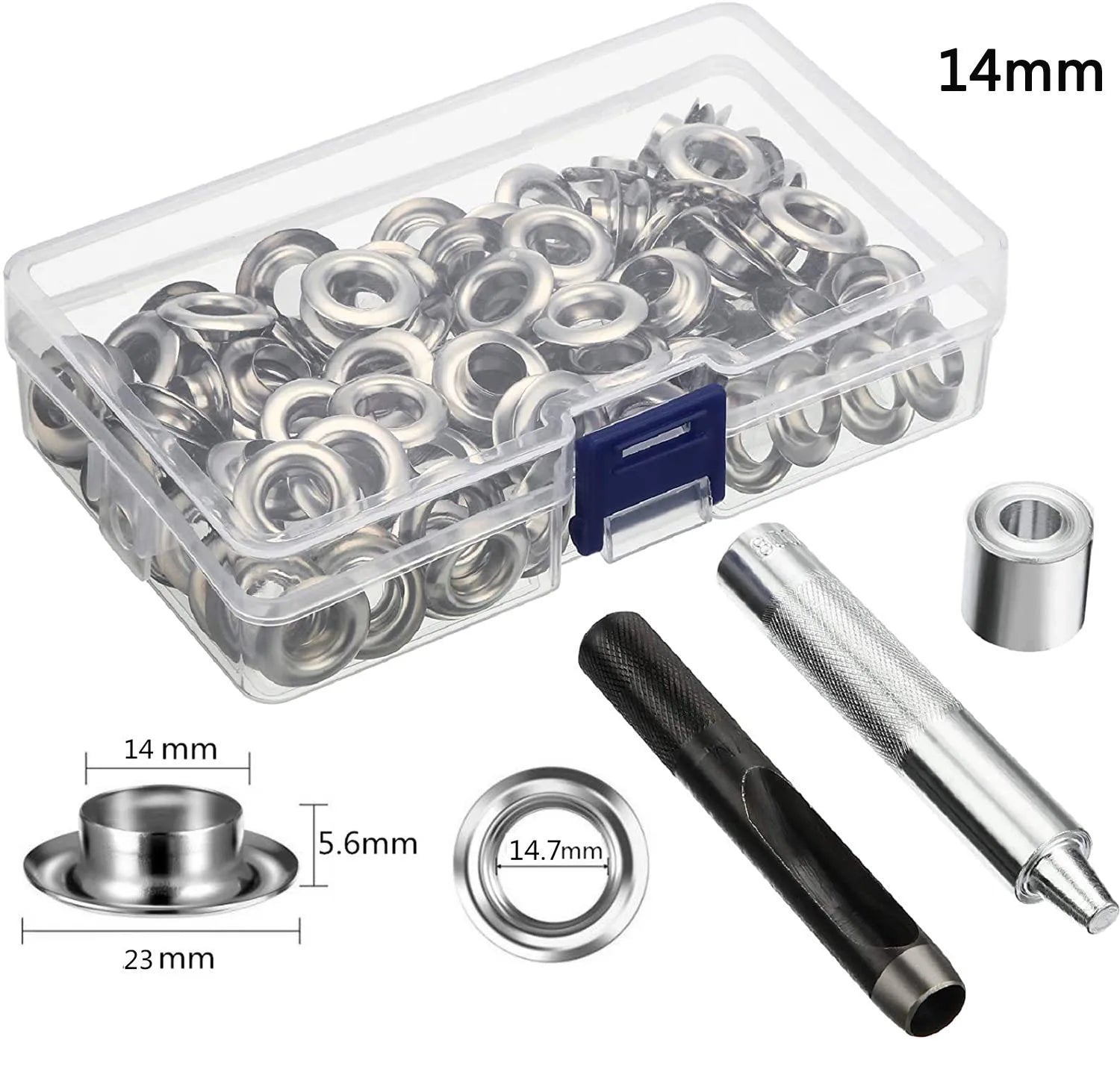 Grommet Tool Kit 100 Sets Grommets Eyelets 6mm 10mm 12mm 14mm Inside Diameter Silver for Clothes Shoes Bag Leather Crafts DIY