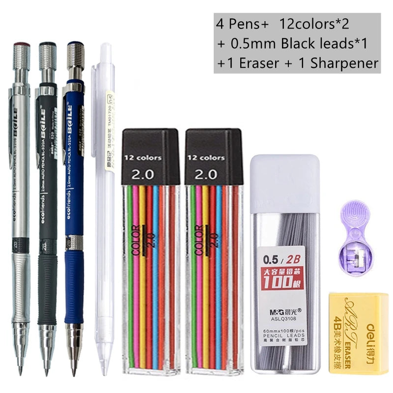 Mechanical Pencil Set 2.0 mm with 2B Black/Colors Lead Refill For Writing Sketching Art Drawing Painting School Automatic Pen