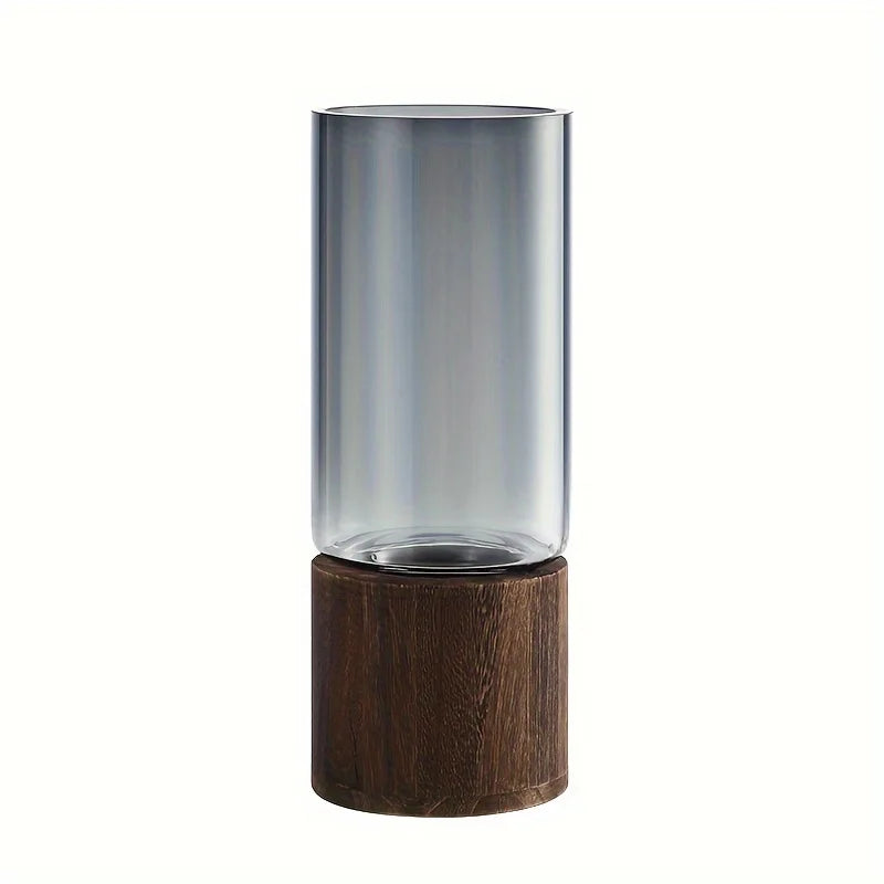 Elegant Glass Vase with Wooden Base for Hydroponic Plants, Modern Tabletop Floral Arrangement Home Decoration
