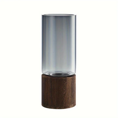 Elegant Glass Vase with Wooden Base for Hydroponic Plants, Modern Tabletop Floral Arrangement Home Decoration