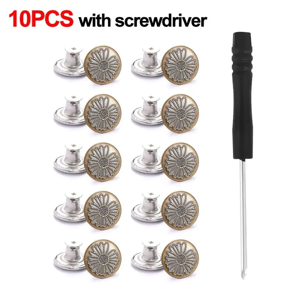 10Pcs Metal Jeans Buttons 17mm Replacement No-Sewing Screw Button Repair Kit Nailless Removable Jean Buckles Clothing Pants P