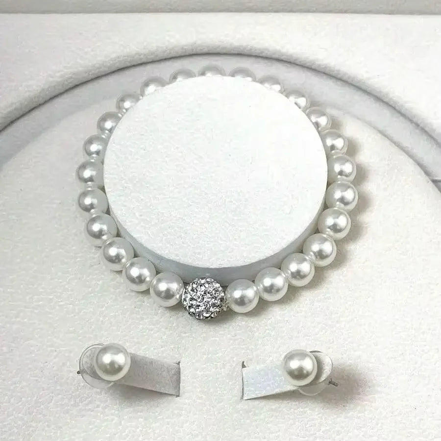 3 PCS set Imitation Pearl Fireball Necklace Bracelet Earring Stud Jewelry Set Silver Color Crystal Stone Elegant Bridal Jewel
