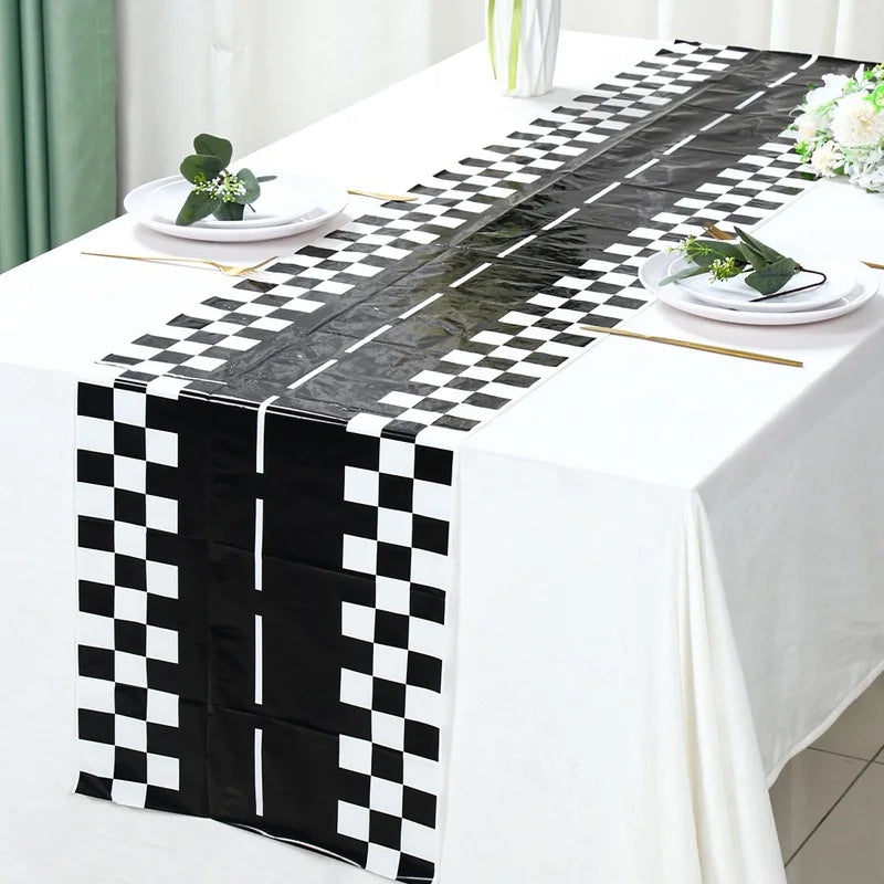 1pc Racing Car Tablecloth Black Racing Track Table Runner Racing Car Party Supplies Decor Racing Flags Table Centerpieces
