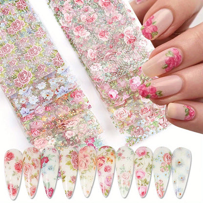 10PCS Mixed Nail Art Foils Transfer Sticker Set Rose Flower Designs Floral Starry Sky Nail Wraps Wedding Summer Manicure Deco
