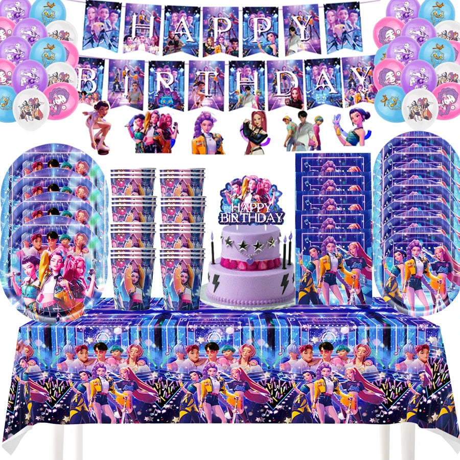 K Pop Birthday Party Decoration Tableware Set - Napkin Tablecloth Banner Paper Plates Slap Bracelets Stamps Baby Shower Suppl
