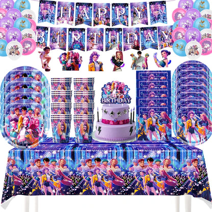 K Pop Birthday Party Decoration Tableware Set - Napkin Tablecloth Banner Paper Plates Slap Bracelets Stamps Baby Shower Suppl