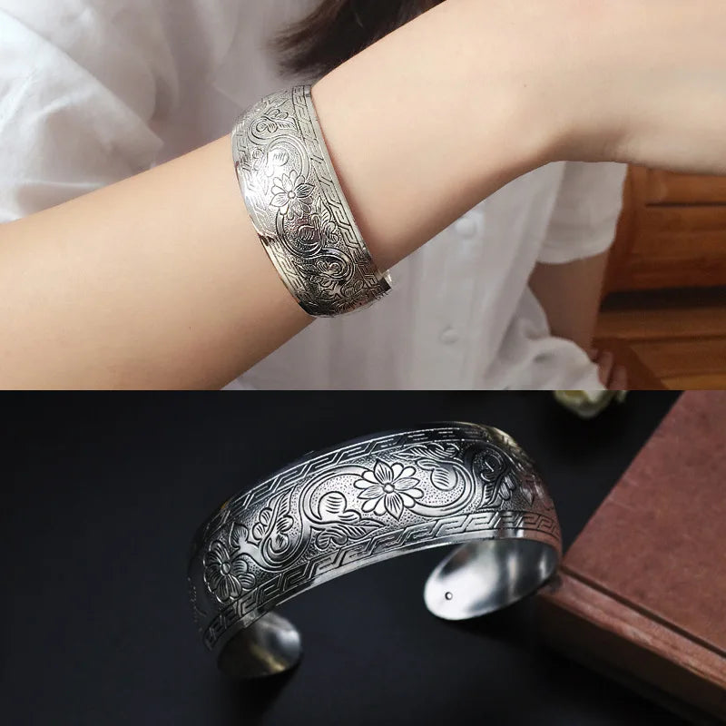 Meetvii New Retro Cuff Bracelets Tibetan Silver Metal Carving Sea Turtle Lotus Elephant Flower Bangles Vintage Gypsy Jewelry 