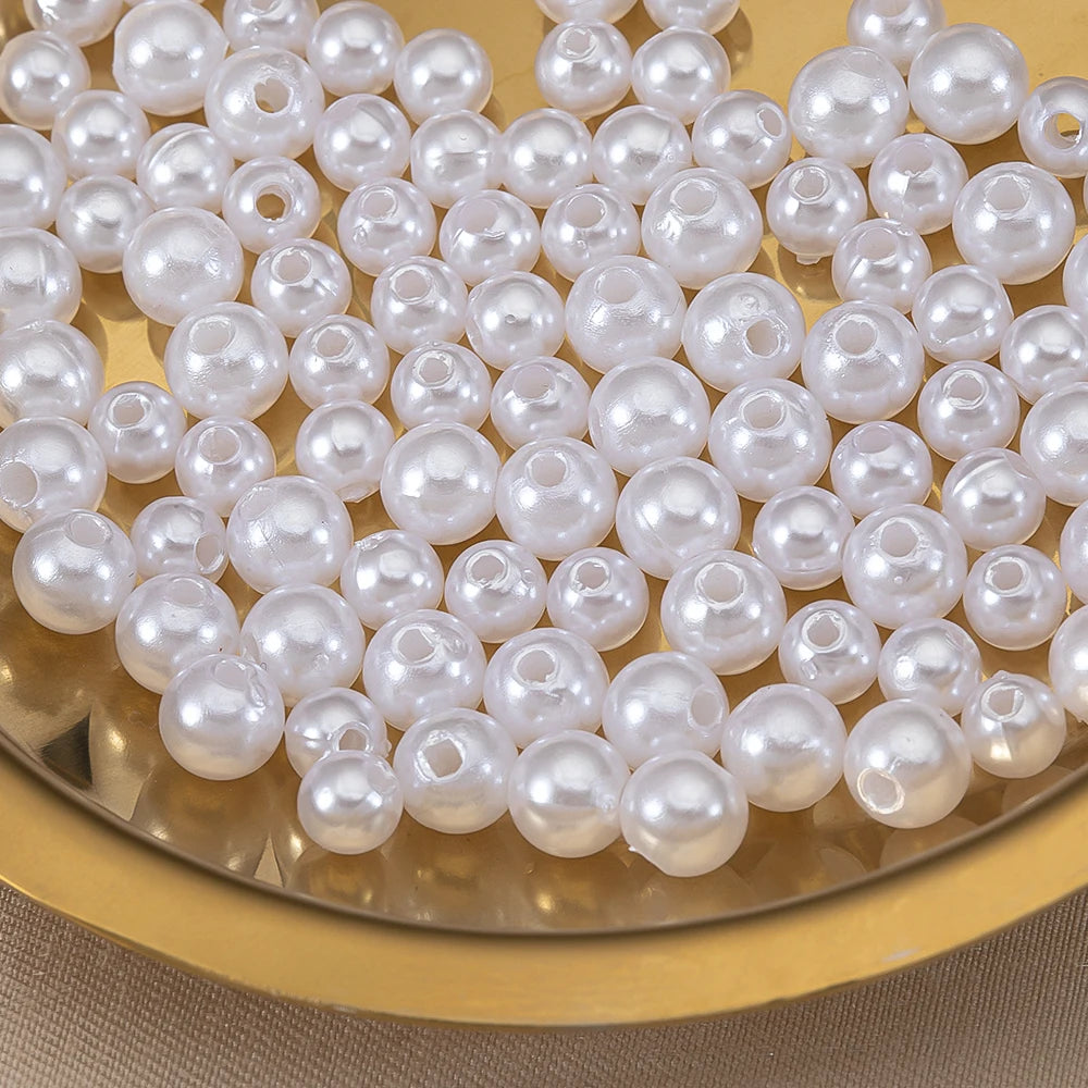 200pcs Perforated ABS Imitation Pearl Beads 4/5/6/8/10mm Round Spacer Beads for DIY Jewelry Making and Sewing Crafts