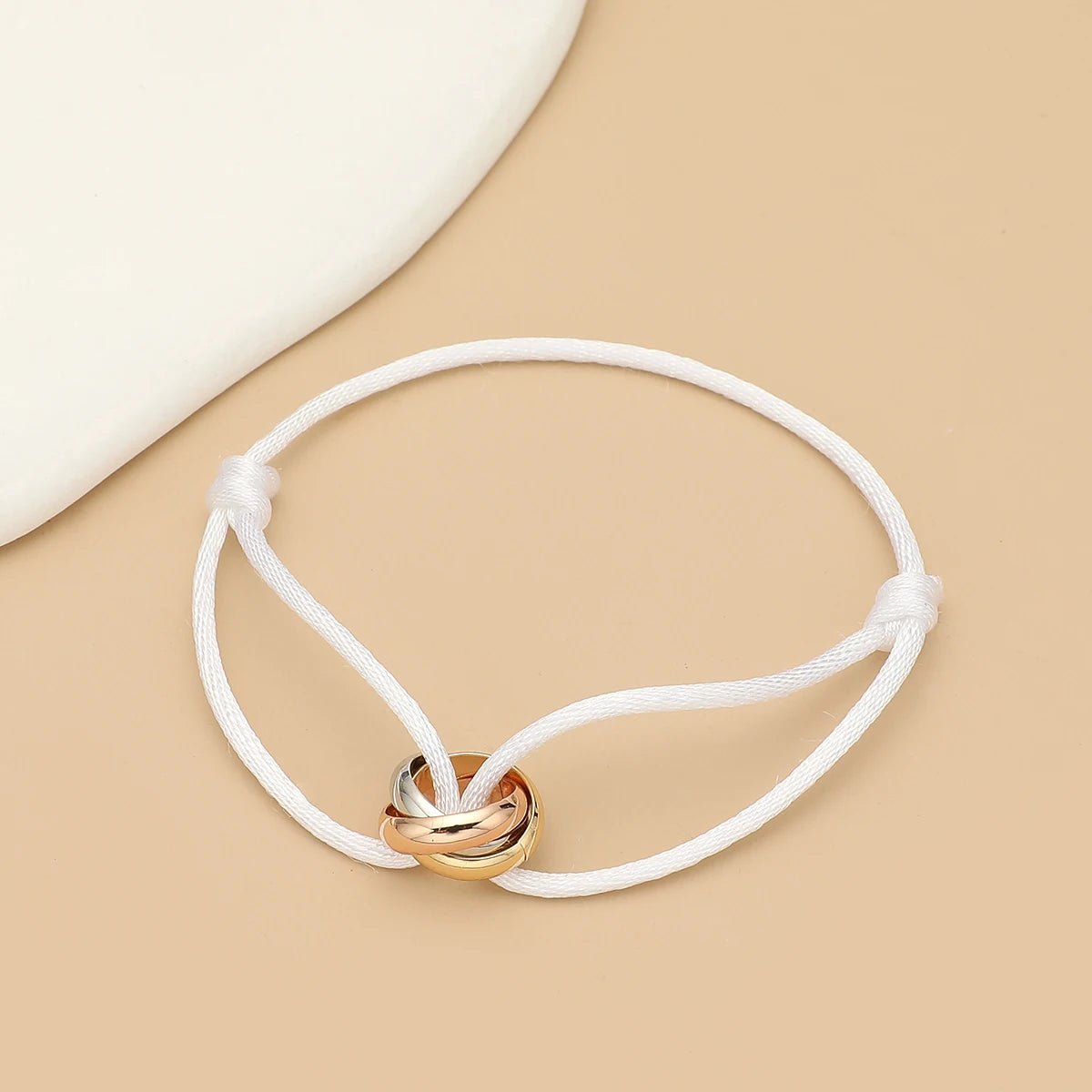 Simple Fashion Unisex Bracelet 3 Metal Round Circle Accessory Adjustable Men's Rope Bracelet for Women Jewelry Gifts - white