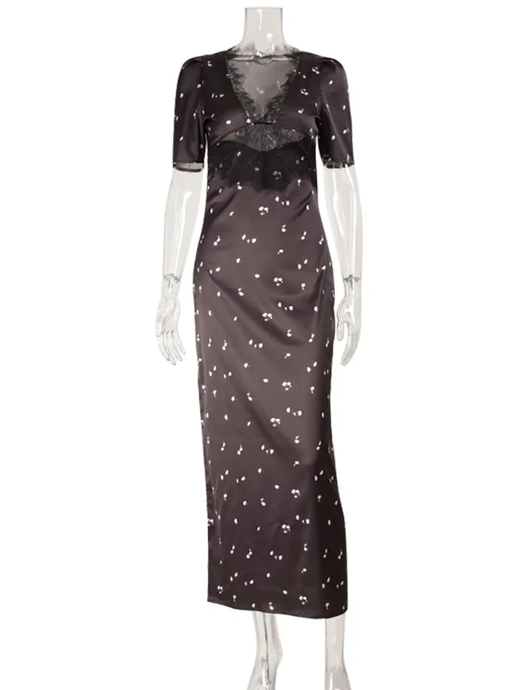 Lace Patchwork Printed Maxi Dresses For Women Fashion Sexy Streetwear Short Sleeves Slim Hollow Out Long Vestidos Robes Femal