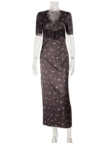 Lace Patchwork Printed Maxi Dresses For Women Fashion Sexy Streetwear Short Sleeves Slim Hollow Out Long Vestidos Robes Femal