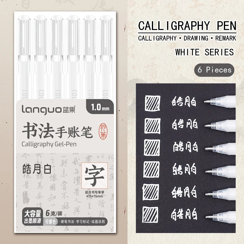 6 Pcs/Set Large Capacity Calligraphy Gel Pen 1.0mm Hard Tip Pens for Journaling Drawing Practice Planner Writing Stationery -