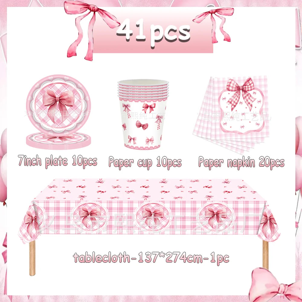 birthday party supplies, Pink Bow Birthday Party Set, personalized birthday decorations, custom birthday banner, party favors