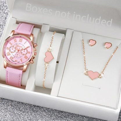 5/6PCS Fashion Women's Quartz Watch Leather Band Analog Wrist Watches Heart Rhinestone Jewelry Set(Without Box) - F Without B