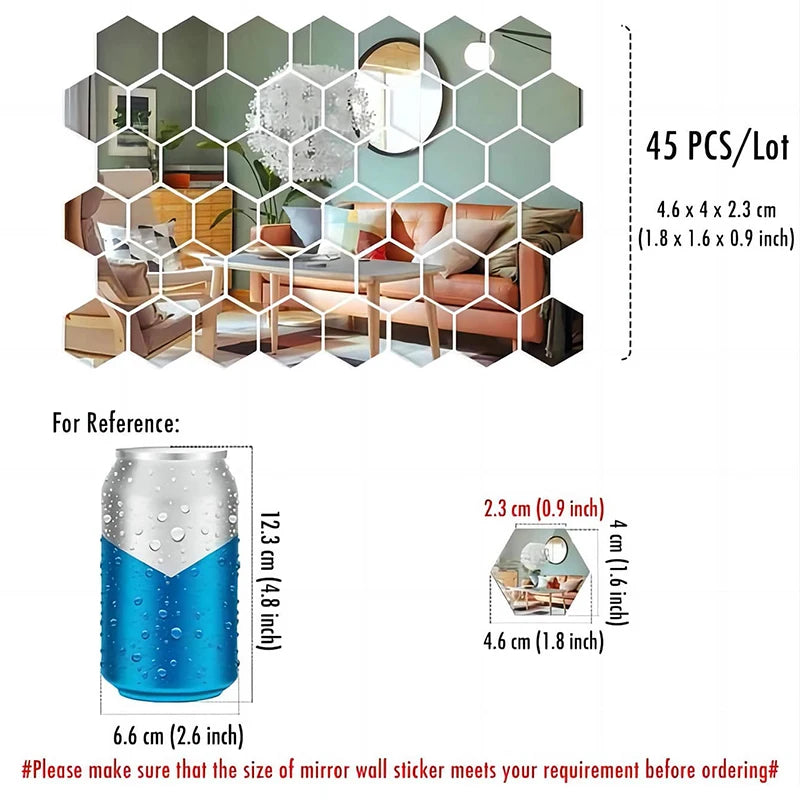 45pcs Mirror Wall Sticker, Hexagon Wall Art Sticker, DIY Household Decorative Tiles Sticker - 45pcs