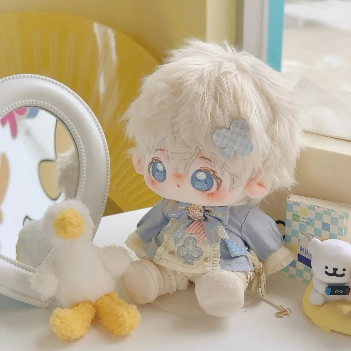 20CM Cotton Doll Clothes Blue School Style Outfit with Long Ear Rabbit Hat Cute Plush Doll Dress Up Accessories