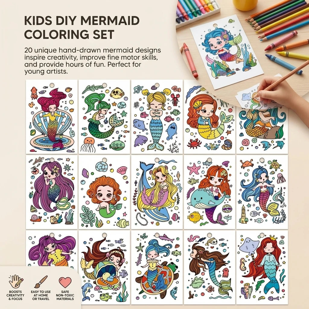 Children Coloring Cards Set 20PCS Mermaid Theme DIY Art Painting Kit For Kids