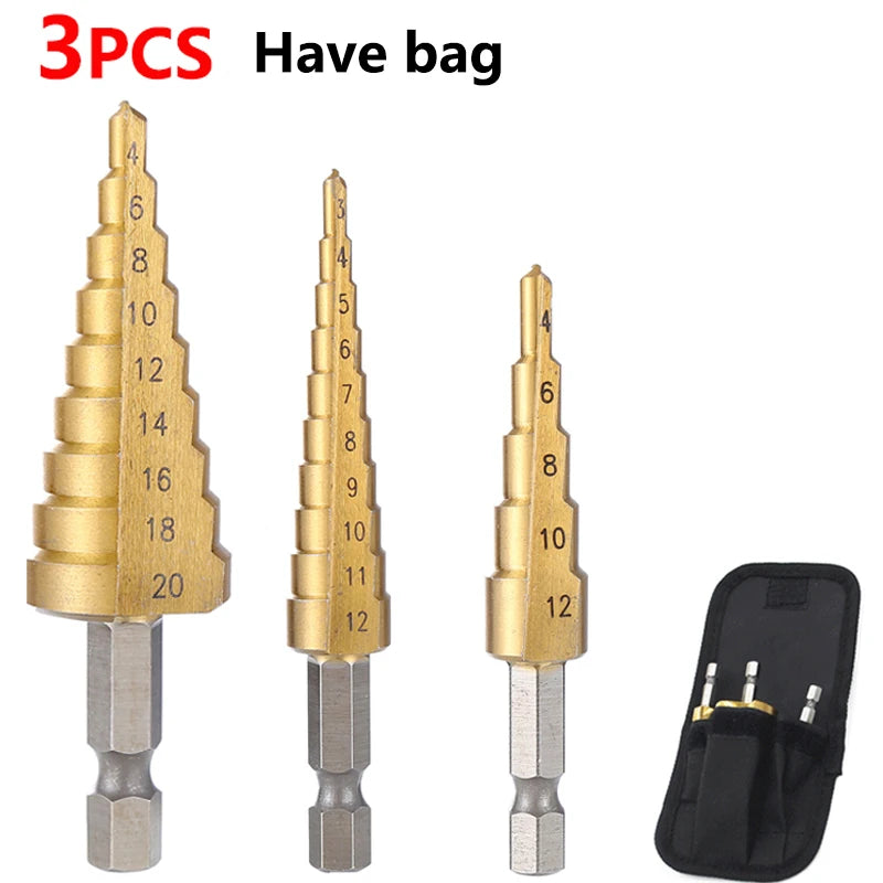 4-32 mm 4-20 mm HSS Titanium Coated Step Drill Bit High Speed Steel Metal Wood Hole Cutter Cone Drilling Tool - 3PC 4-12 4-12