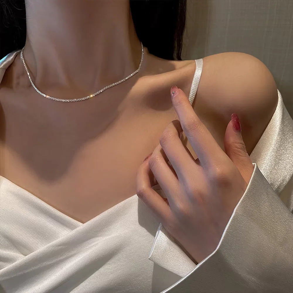 Set of Shiny Silver Plated Collarbone Chain Necklace Bracelet Jewelry, Women's Minimalist Starry Sky Accessories - S080-1-Nec