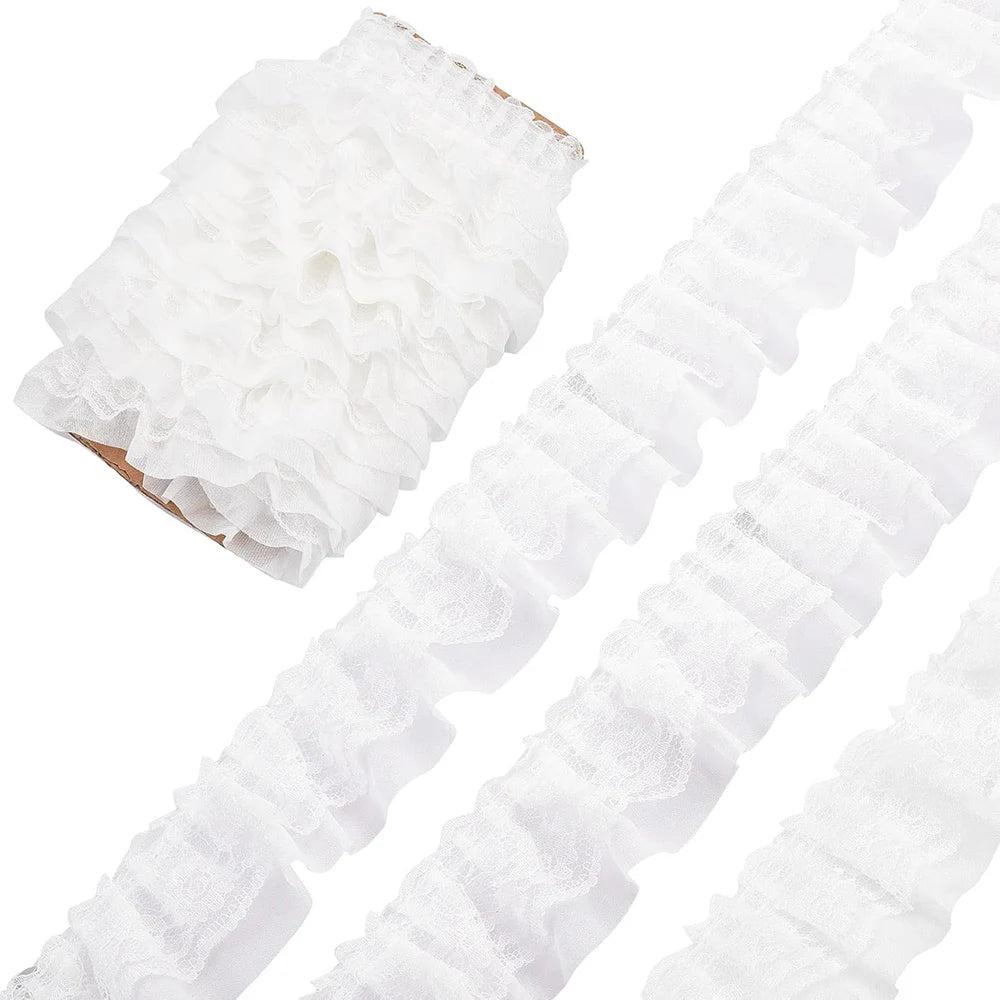 2 Yards Black White Pink Fold Wave Embroidery Lace Fabric Trim DIY Clothing Daily Home Decoration Accessory 5CM Wide - White