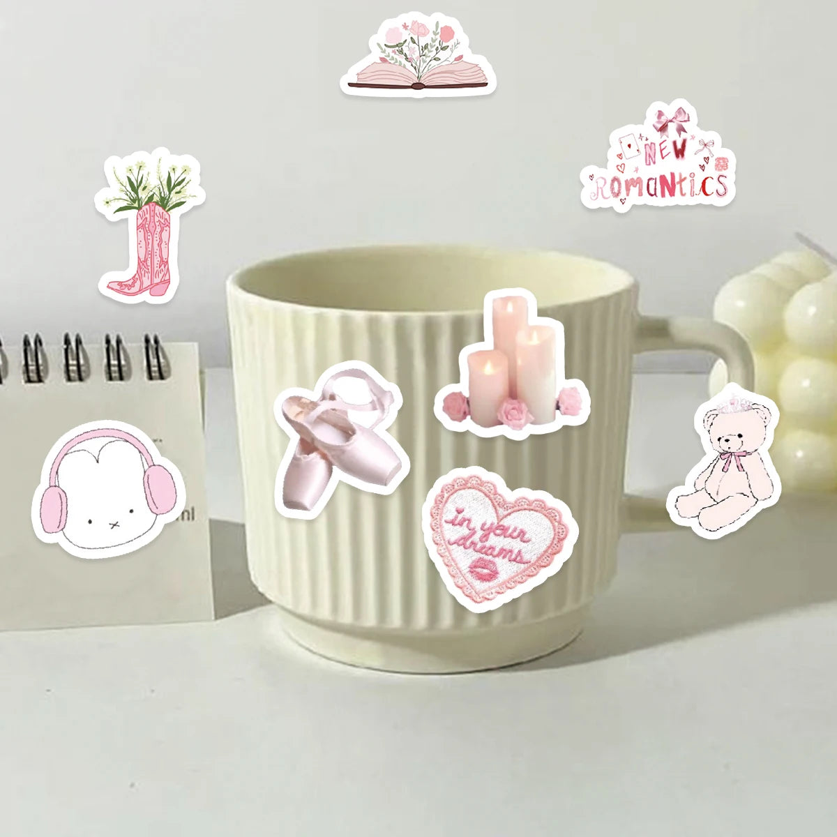 46pcs Bunny, Bear, Perfume Pink Graffiti Stickers Decorated Notebook Water Cup Diary Guitar Student Stationery PVC Decals