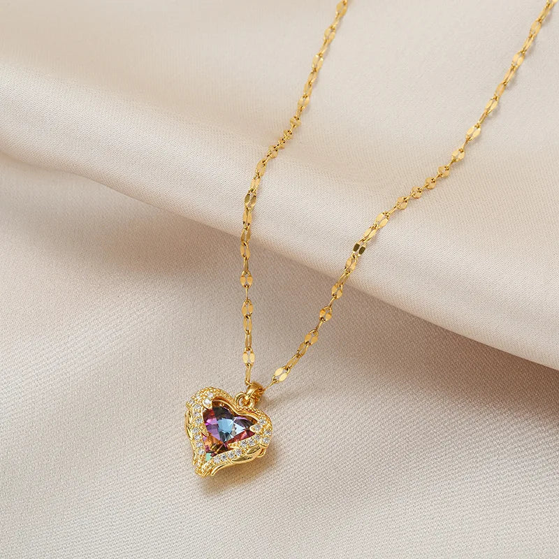 Top Luxury Colorful Crystal Ocean Heart Pendant Necklace For Women Trendy 316L Stainless Steel Jewelry Female Wedding Neck Ch