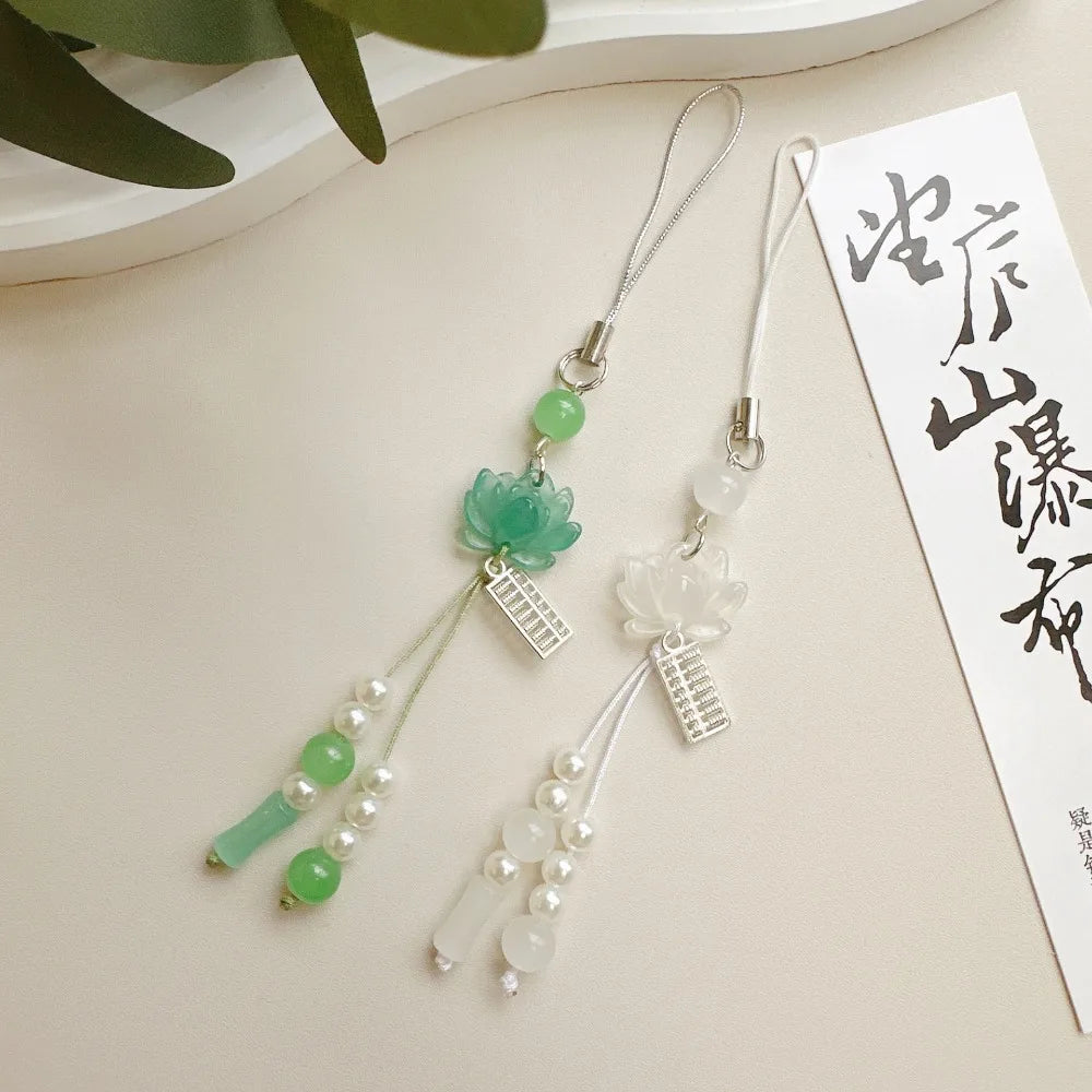 New Chinese-style Handmade Beaded Lotus Pendant Key Chains Mobile Phone Chain for Women Men Ethnic Charm Jewelry Accessory Gi