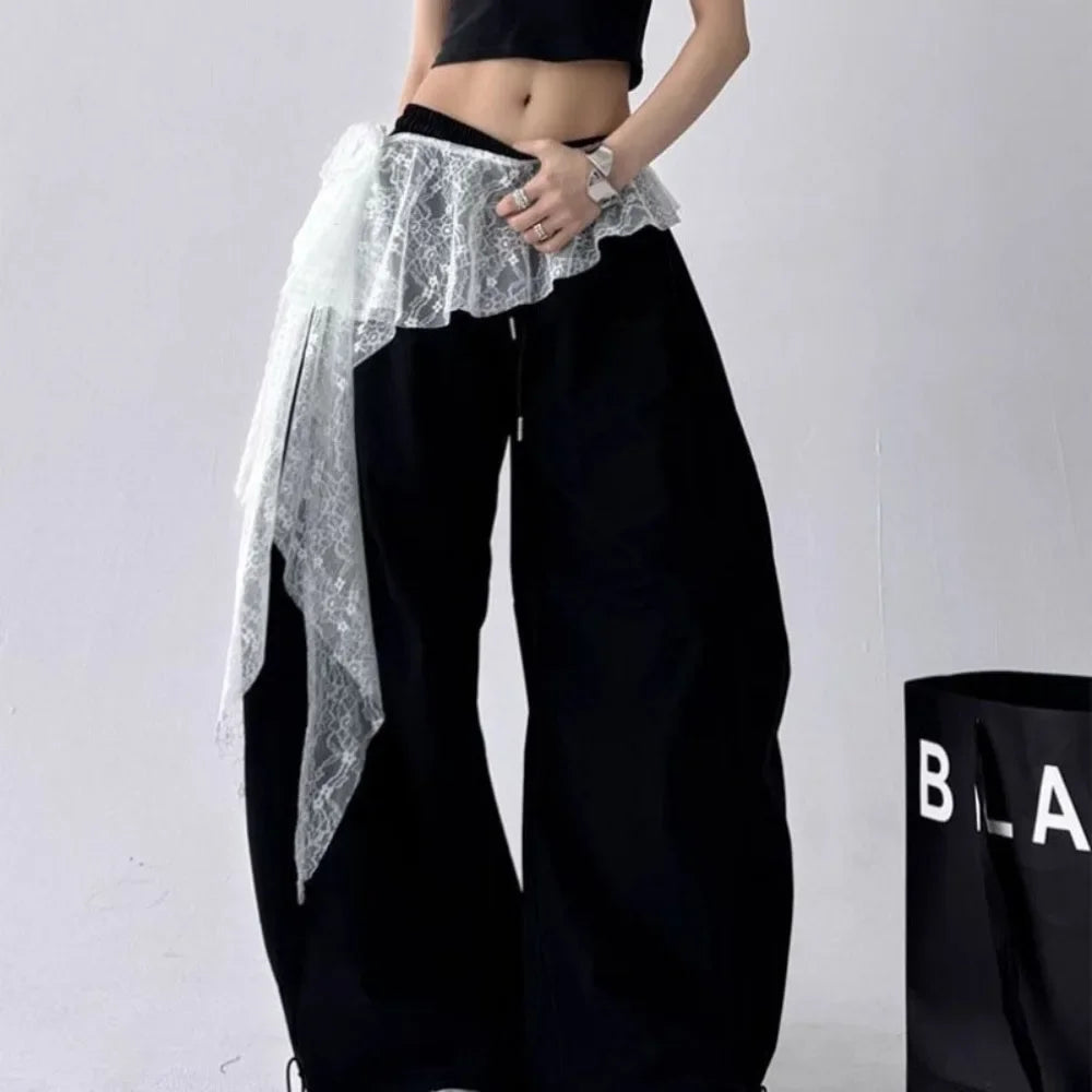 Embroidered Flower Lace Mini Skirt Irregular Y2K Streetwear Ruched Skirts High Waist See Through Lace Up Ruffles Skirt - 1