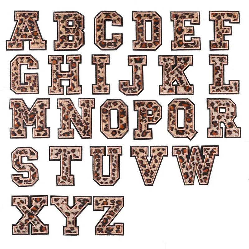 A~Z English Alphabet Letters Badge Patches,Leopard Print Applique Embroidery Iron on Stickers for Clothing,DIY Name Garment