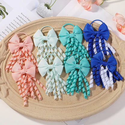 Baby Girls Back To School Ribbon Curly Hair Bow with Ties Rope Elastic Hairbands Kids Ponytail Holder Bowknot Hair Accessorie