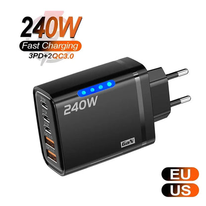 240W GaN USB C Charger 5 in 1 Fast Charging Phone Charger Power Adapter For iPhone Samsung Xiaomi Type C EU/US Plug Wall Char