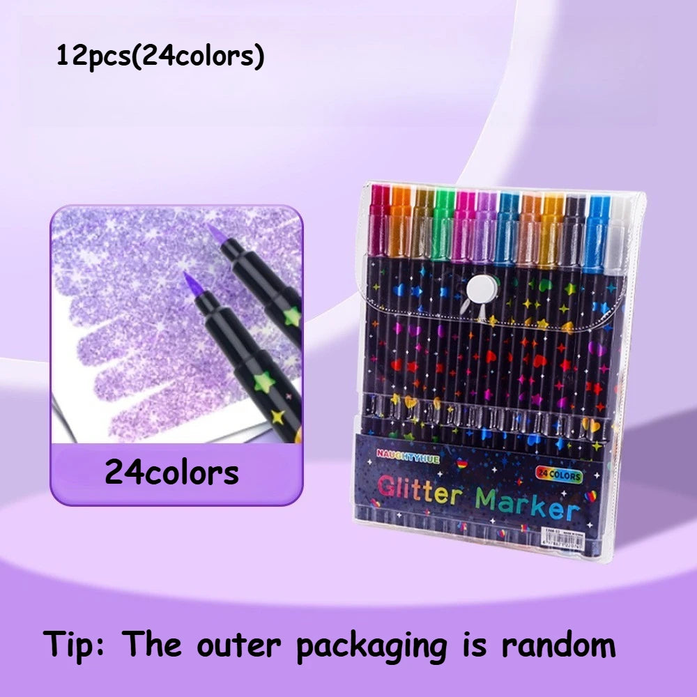 24 Colors Colorful Double-Ended Glitter Pens with Fast-Drying Glue-Like Ink - Fine Tip Tip-To-Base for Scrapbooking, Card Mak
