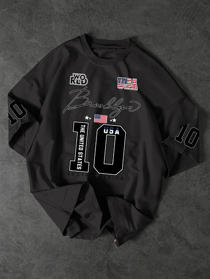 USA Brooklyn Style 10 Print Oversized T Shirt Men's Streetwear Vintage Jersey Tee