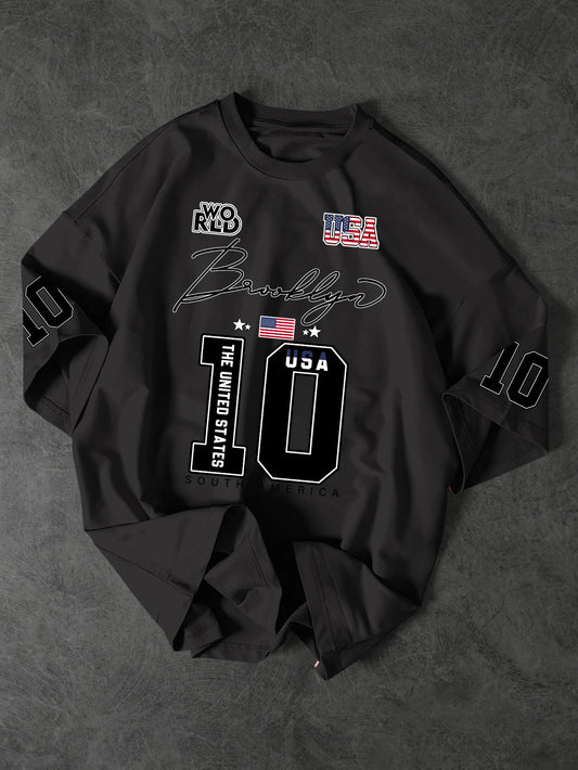 USA Brooklyn Style 10 Print Oversized T Shirt Men's Streetwear Vintage Jersey Tee