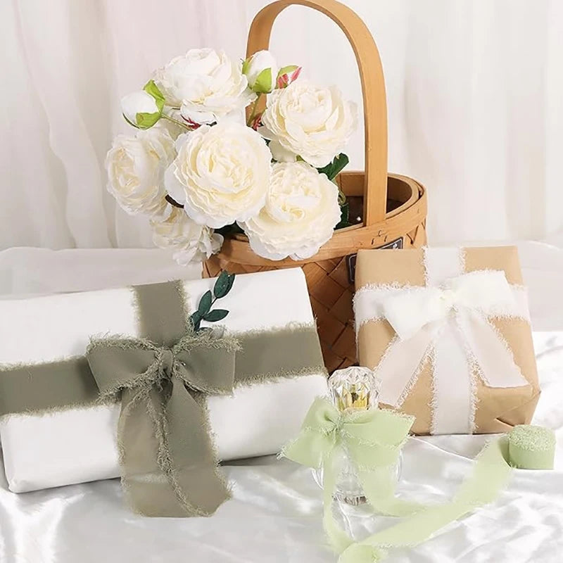 5m/Roll Frayed Silk Ribbon Edged Wrinkle Chiffon Handmade Ripped Wedding Party Flower Bouquet Gift Packing Decorations DIY Cr