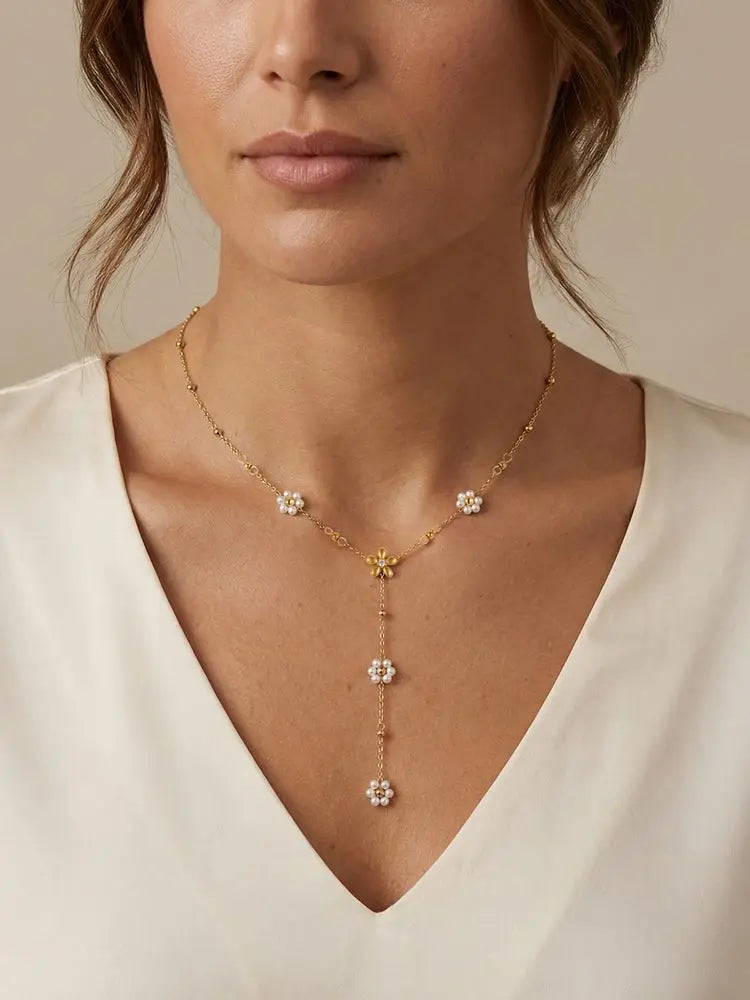 Golden Drop Lariat Chain, Women's Layered Beaded Y Necklace, Stainless Steel Flower Pearl Long Pendant Fashion Jewelry Gift